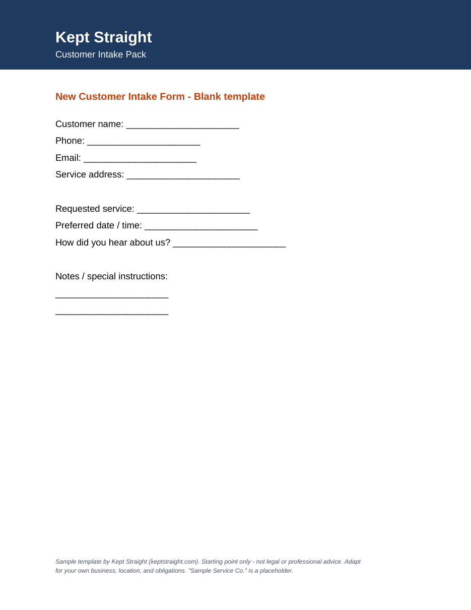 First sample page of the Customer Intake & Work Authorization Pack