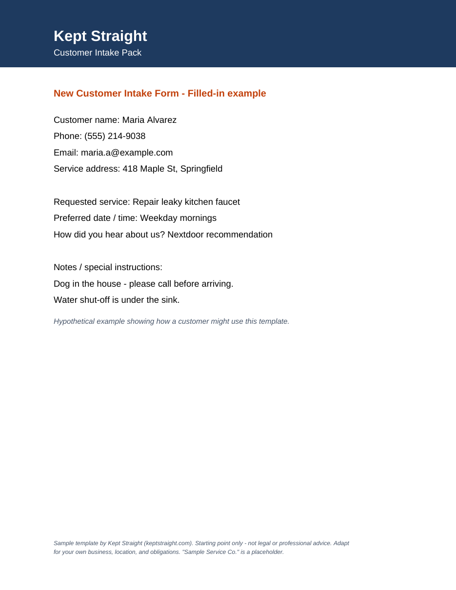 Sample pages from Customer Intake & Work Authorization Pack — page 2