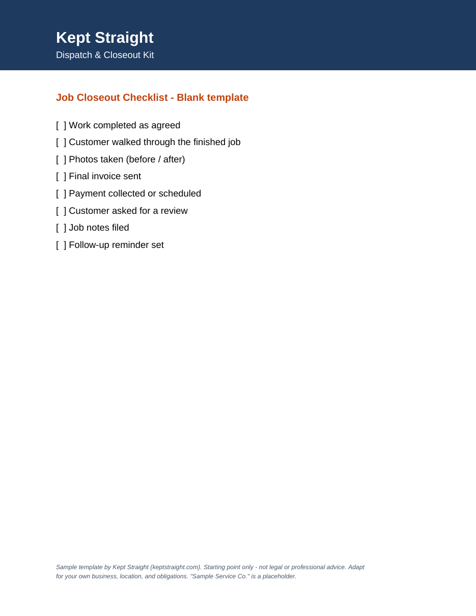 First sample page of the Daily Dispatch & Job Closeout Kit