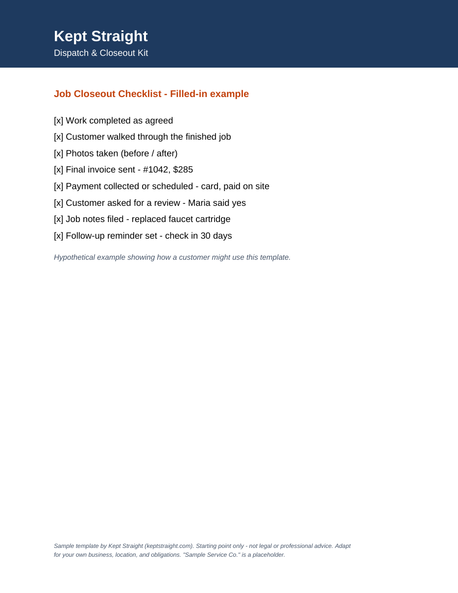 Sample pages from Daily Dispatch & Job Closeout Kit — page 2