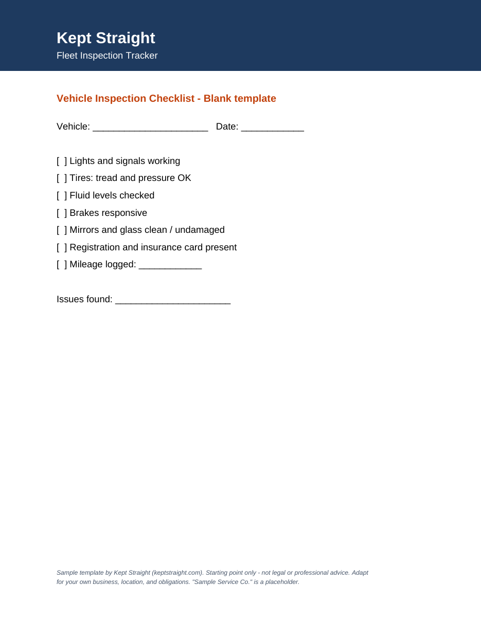 First sample page of the Small Fleet Inspection & Service Tracker