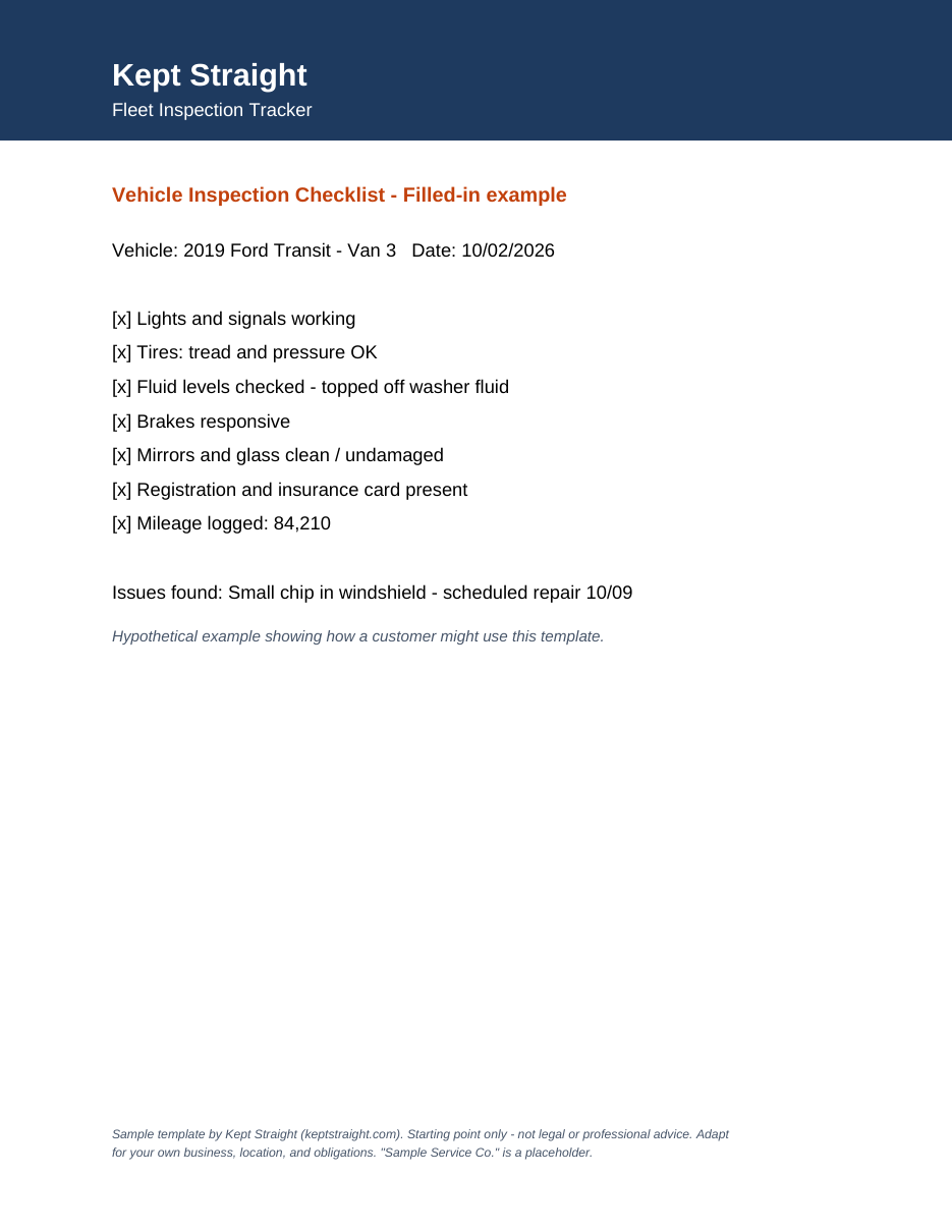 Sample pages from Small Fleet Inspection & Service Tracker — page 2
