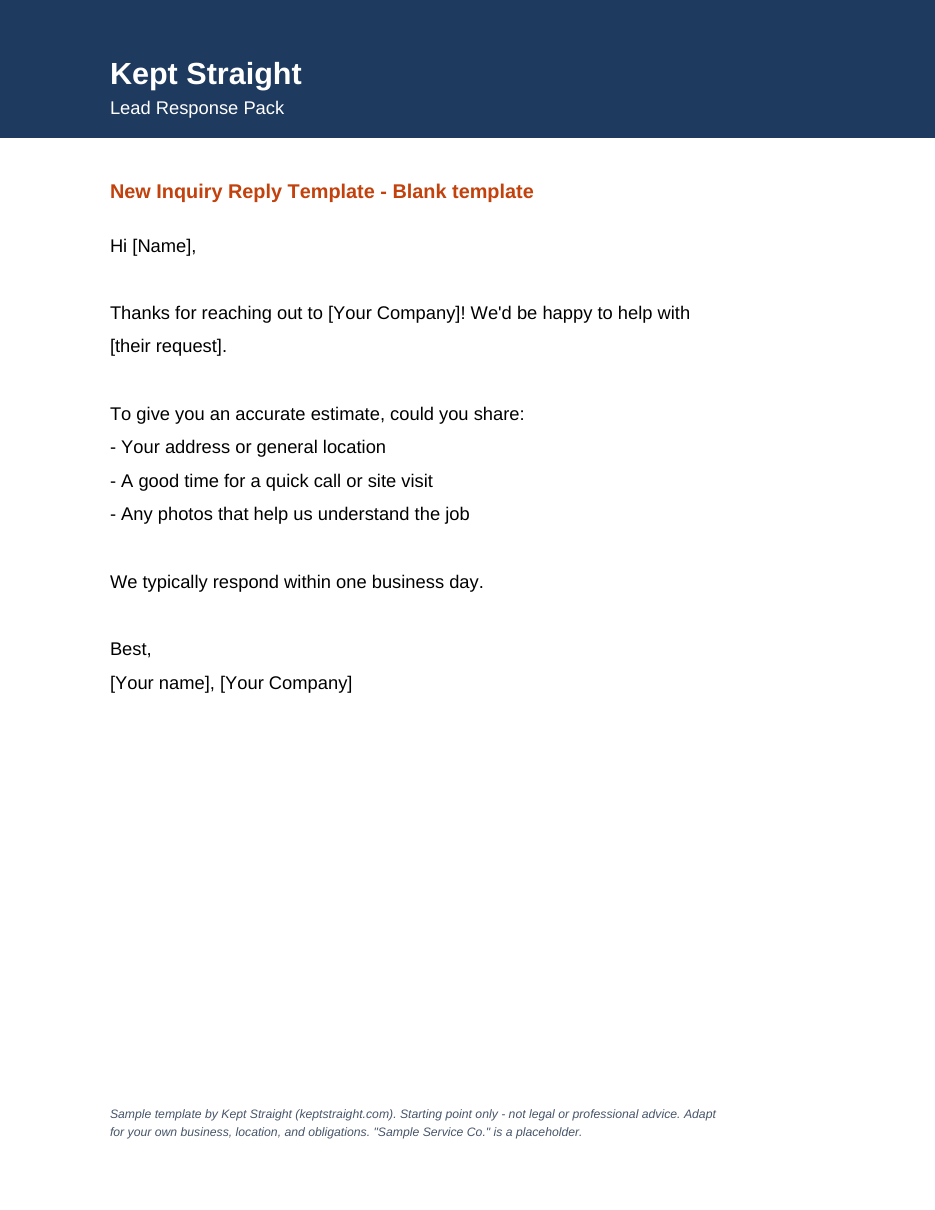 First sample page of the Field-Service Lead Response Pack