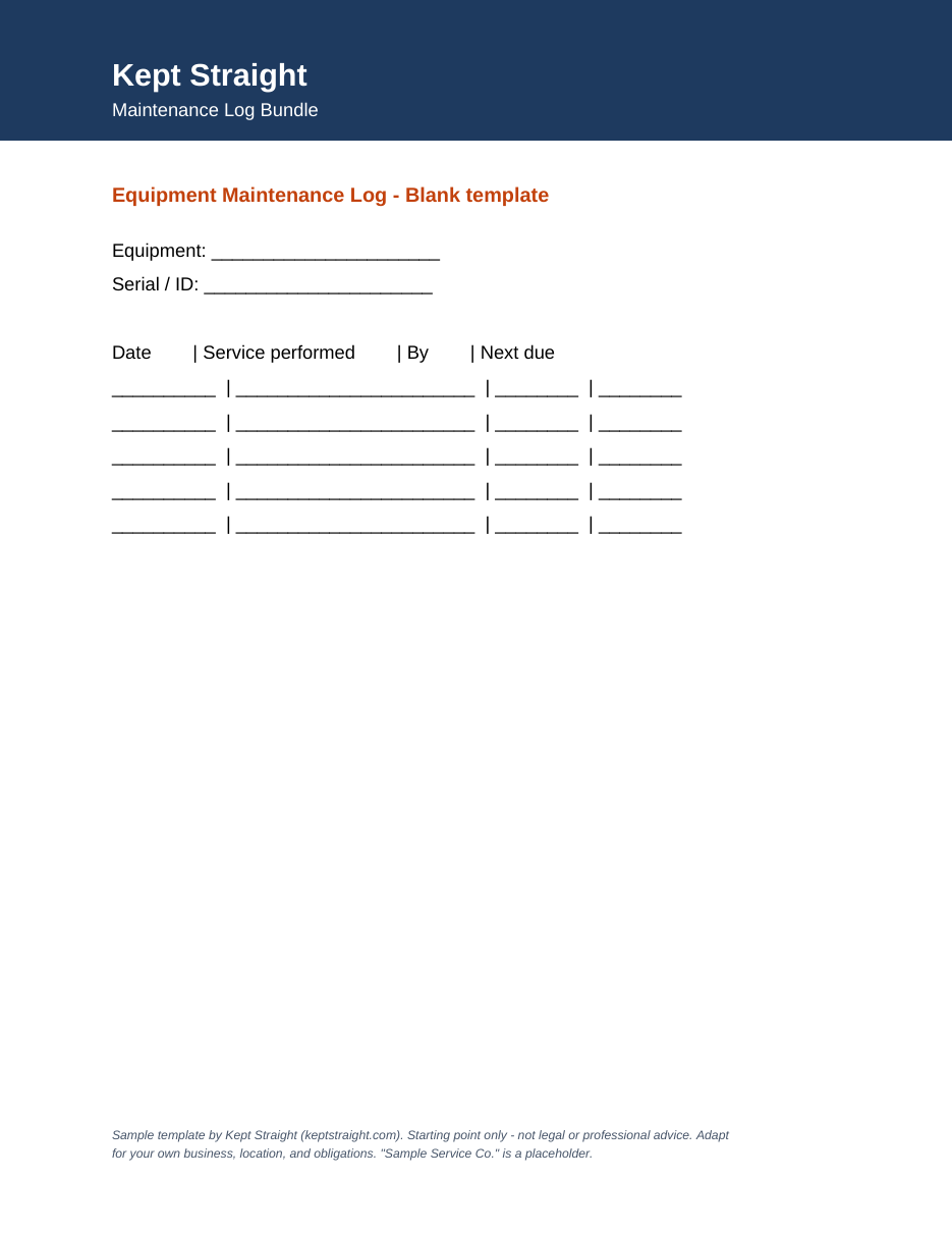 Sample pages from Equipment Maintenance Log Bundle — page 1