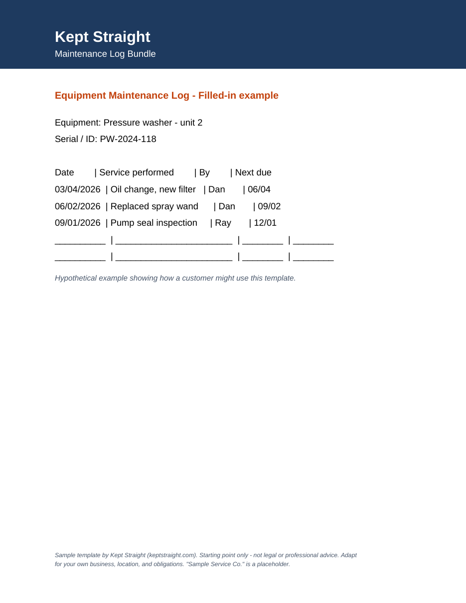 Sample pages from Equipment Maintenance Log Bundle — page 2